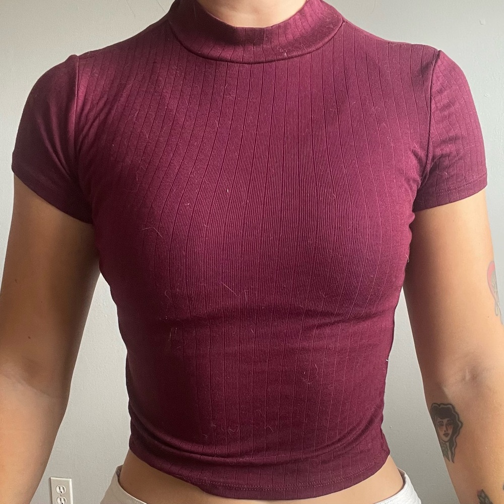 Maroon, Ribbed Cropped tee, Small